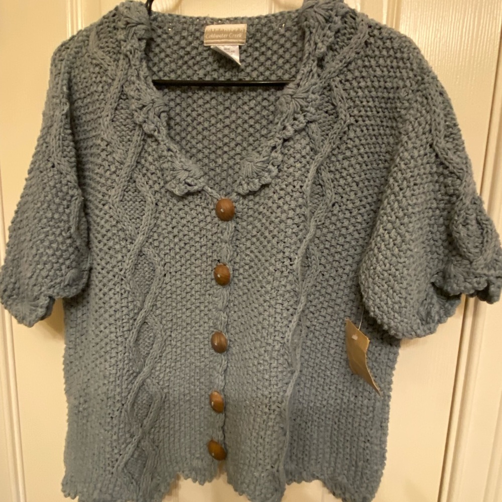 NWOT Coldwater Creek Ruffle Neck short sleeve button down sweater